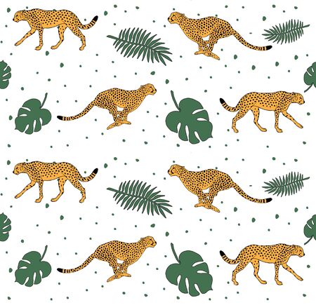 Vector seamless pattern of hand drawn doodle sketch leopard cheetah with palm leaves isolated on white backgroundのイラスト素材