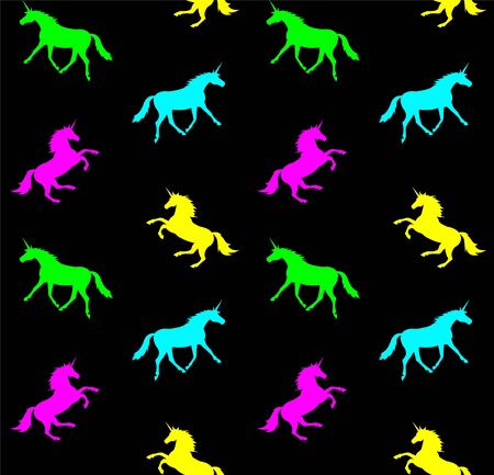 Vector seamless pattern of neon unicorn silhouette isolated on black backgroundのイラスト素材
