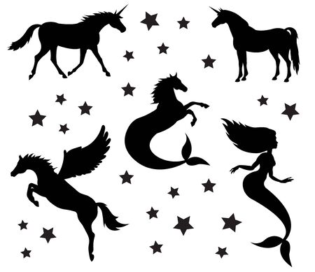 Vector flat black silhouette set collection of magic creatures isolated on white backgroundのイラスト素材