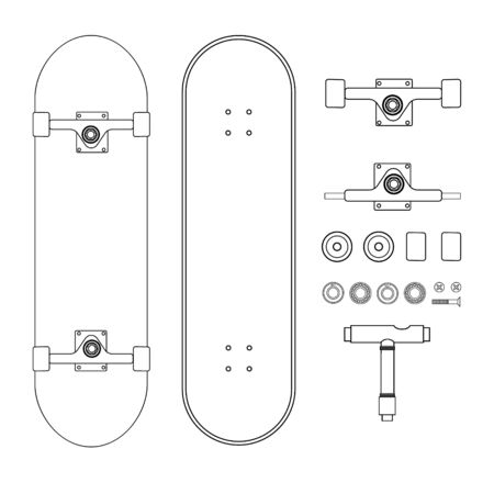 Vector flat line drawn set collection of skateboard parts isolated on white backgroundのイラスト素材