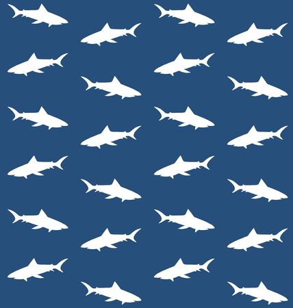 Vector seamless pattern of white silhouette of shark isolated on blue backgroundのイラスト素材
