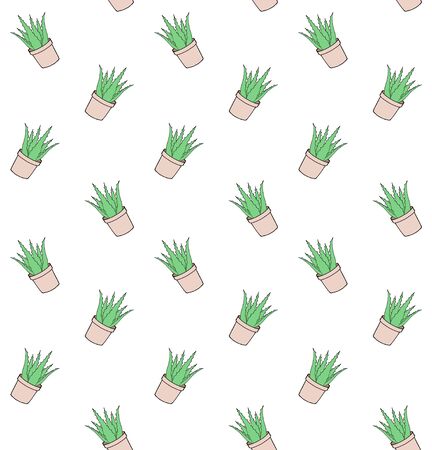 Vector seamless pattern of hand drawn doodle sketch aloe vera in flower pot isolated on white backgroundのイラスト素材