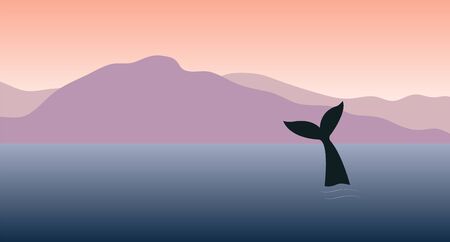 Vector flat cartoon landscape with mountains ocean and whale tail isolatedのイラスト素材