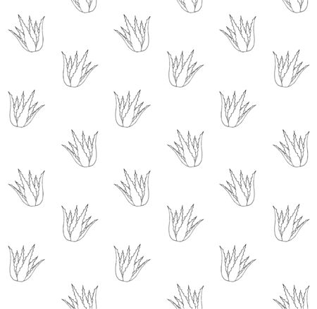 Vector seamless pattern of green hand drawn doodle sketch aloe vera in flower pot isolated on white backgroundのイラスト素材