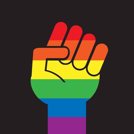 Vector flat cartoon rainbow flag pride fist isolated on black backgroundのイラスト素材