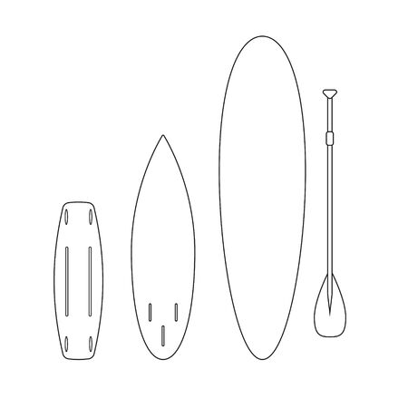 Vector flat cartoon set collection of outline different surf stand up paddle and wake boards isolated on white backgroundのイラスト素材