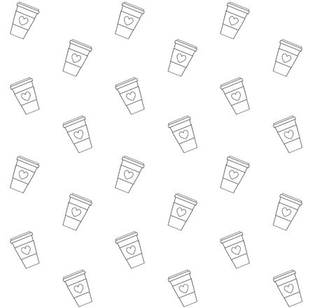 Vector seamless pattern of outline drawn take away coffee with hearts isolated on white backgroundのイラスト素材