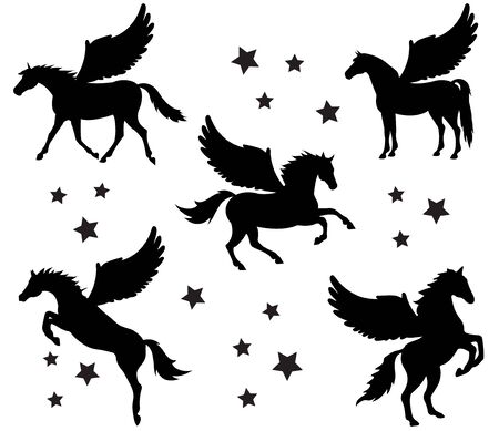Vector flat black set collection of pegasus silhouette different pose isolated on white backgroundのイラスト素材