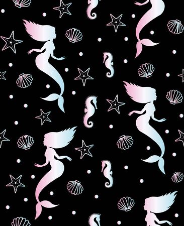 Vector seamless pattern of holographic mermaid shell and starfish isolated on black backgroundのイラスト素材