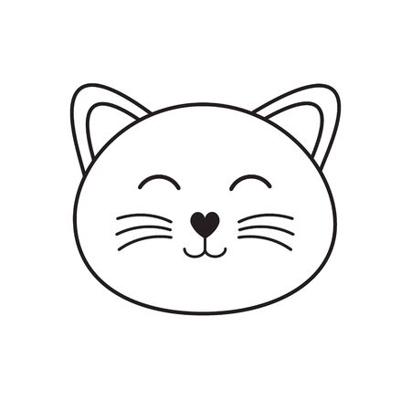 Vector flat cartoon kawaii black line cat kitten face isolated on white backgroundのイラスト素材
