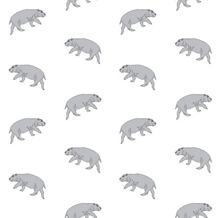 Vector seamless pattern of gray hand drawn sketch hippopotamus hippo isolated on white backgroundのイラスト素材