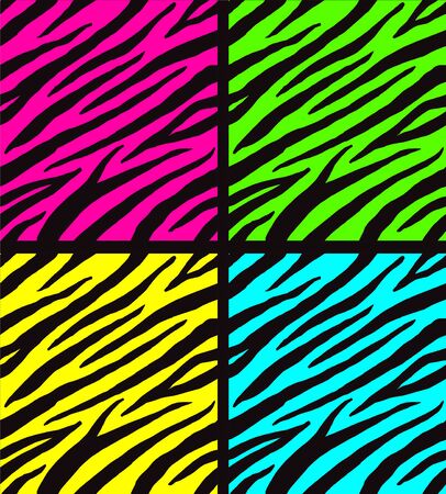 Vector set of seamless neon color zebra print pattern isolated on black backgroundのイラスト素材