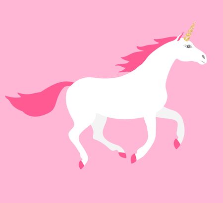 Vector flat cartoon white unicorn isolated on pink backgroundのイラスト素材
