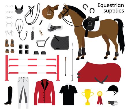 Vector flat cartoon set collection of equestrian horse equipment isolated on white backgroundのイラスト素材
