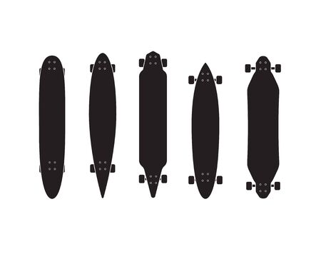 Vector flat black longboard icon set collection isolated on white backgroundのイラスト素材