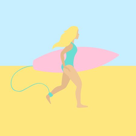 Vector flat cartoon surfer girl running with board on the beach backgroundのイラスト素材