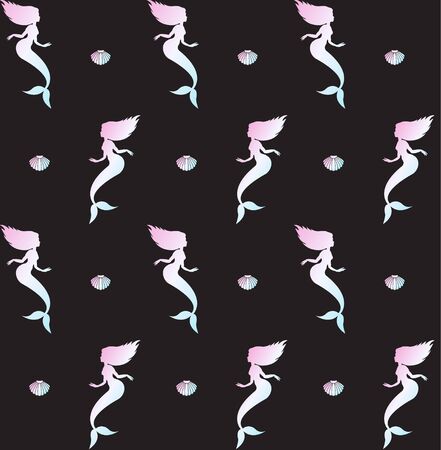 Vector seamless pattern of holographic mermaid silhouette and sea shell isolated on black backgroundのイラスト素材