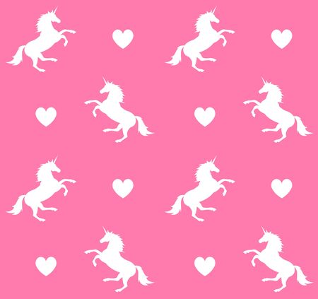 Vector seamless pattern of unicorn silhouette with hearts isolated on pastel rose pinkのイラスト素材