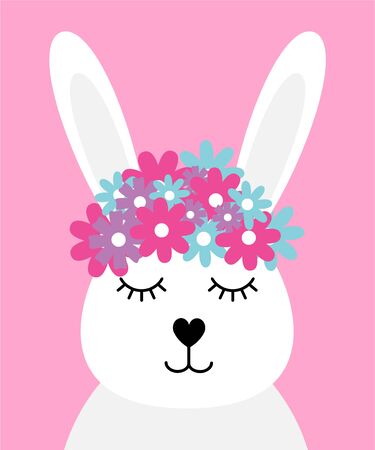 Vector flat portrait of easter bunny rabbit with flowers on head face isolated on pink backgroundのイラスト素材