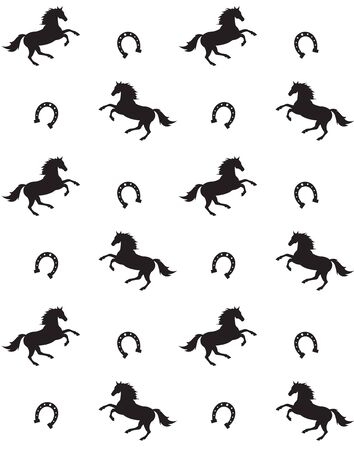 Vector seamless pattern of flat black horse silhouette and horse shoe isolated on white backgroundのイラスト素材