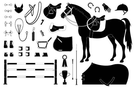 Vector black flat set of horse riding equestrian sport equipment isolated on white backgroundのイラスト素材