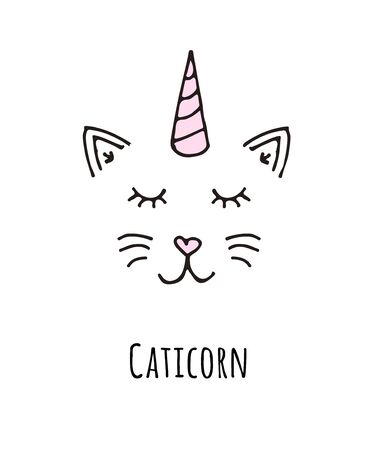 Vector hand line drawn doodle sketch caticorn cat with horn face isolated on white backgroundのイラスト素材
