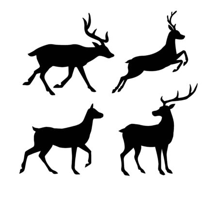 Vector set collection of flat black silhouette of deer isolated on white backgroundのイラスト素材