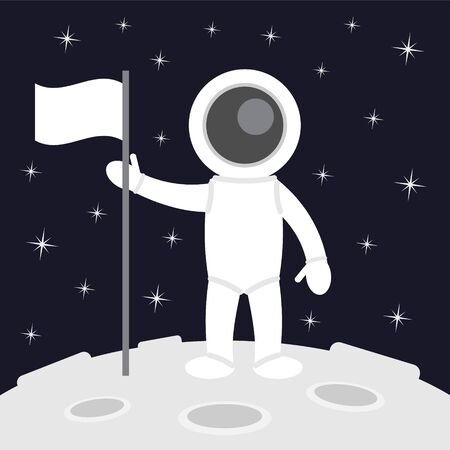 Vector flat cartoon cosmonaut with flag standing on the moon in space isolated on stars black backgroundのイラスト素材