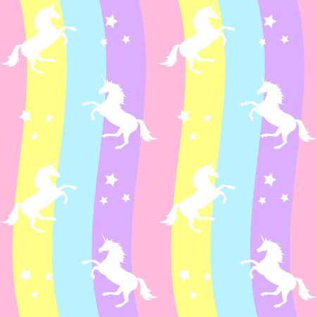 Vector seamless pattern of white unicorn silhouette and stars isolated on pastel rainbow backgroundのイラスト素材