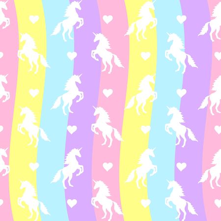 Vector seamless pattern of white unicorn silhouette isolated on pastel rainbow backgroundのイラスト素材