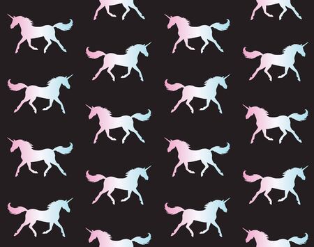 Vector seamless pattern of holographic unicorn silhouette isolated on black backgroundのイラスト素材