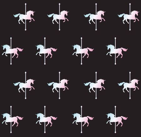 Vector seamless pattern of holographic unicorn carousel isolated on black backgroundのイラスト素材