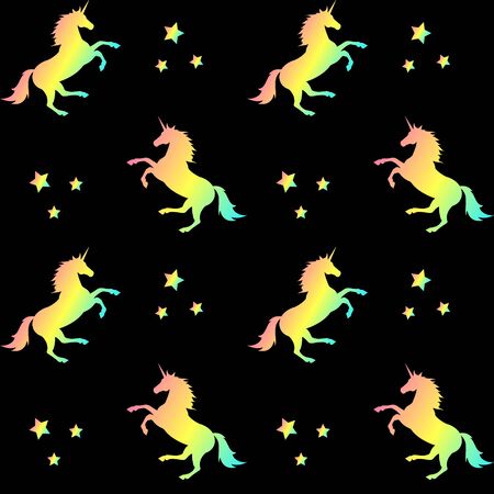 Vector seamless pattern of rainbow unicorn silhouette isolated on black backgroundのイラスト素材