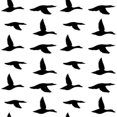 Vector seamless pattern of black flying duck silhouette isolated on white backgroundのイラスト素材