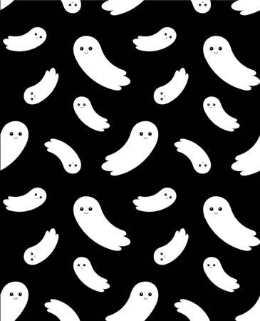 Seamless pattern cute vector cartoon flat flying ghost isolated on black backgroundのイラスト素材