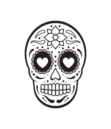 Vector black flat outline Day of The Dead Skull with floral ornament. Mexican sugar skull iconのイラスト素材