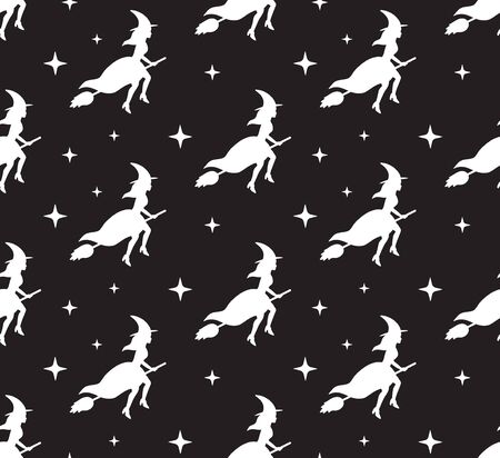 Vector seamless pattern of white witch silhouette and stars isolated on black backgroundのイラスト素材