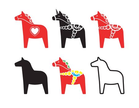 Vector set bundle of different cartoon flat Scandinavian Swedish dala horse with ornaments isolated on white backgroundのイラスト素材