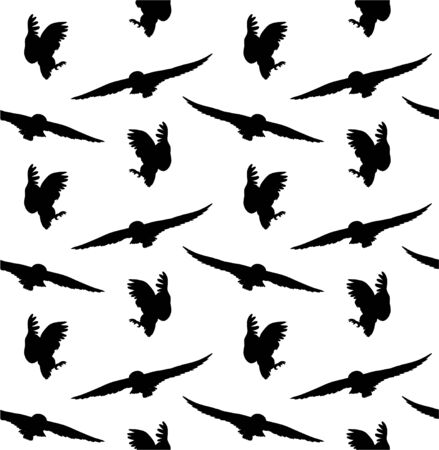 Vector seamless pattern of black flying owl silhouette isolated on white backgroundのイラスト素材