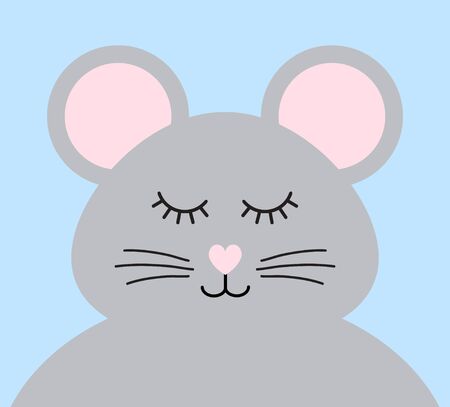 Vector flat cartoon gray rat mouse face isolated on blue backgroundのイラスト素材