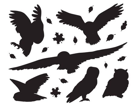 Vector flat black set bundle of owls silhouette isolated on white backgroundのイラスト素材