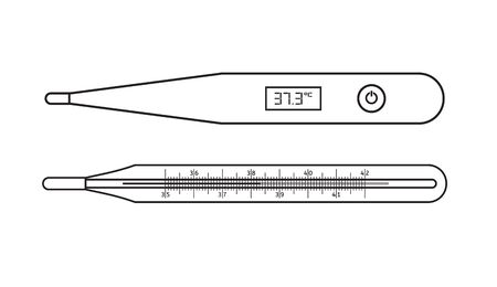 Vector flat outline realistic set of medical and digital thermometer isolated on white background