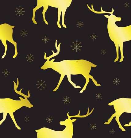 Vector seamless pattern of golden glitter deer silhouette and snow flakes isolated on black backgroundのイラスト素材