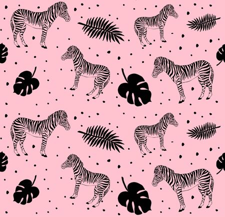 Vector seamless pattern of black hand drawn sketch zebra and palm leaves isolated on pink backgroundのイラスト素材