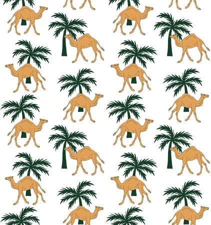 Vector seamless pattern of hand drawn camel and palm isolated on white backgroundのイラスト素材