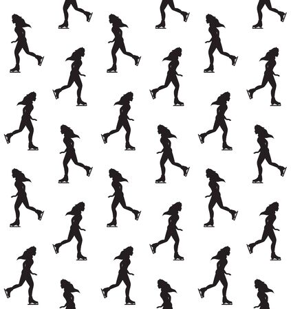 Vector seamless pattern of flat black young woman riding ice skates isolated on white backgroundのイラスト素材