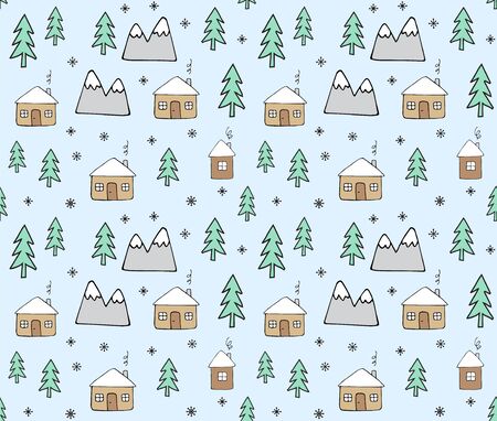 Vector seamless pattern of hand drawn doodle house and trees isolated on pastel blue background. Christmas winter illustration.のイラスト素材