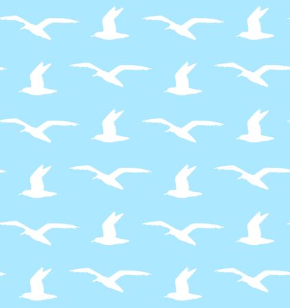 Vector seamless pattern of white flying sea gull silhouette isolated on blue backgroundのイラスト素材