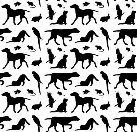 Vector seamless pattern of black different pets silhouette isolated on white backgroundのイラスト素材