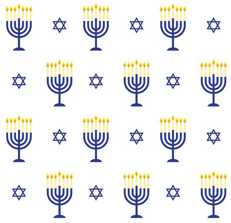 Vector seamless pattern of blue flat cartoon Hanukah candles and jewish stars isolated on white backgroundのイラスト素材